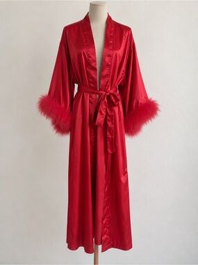Val-Mode Vintage Red Satin Robe Medium Feather Trim Belted Long Lingerie